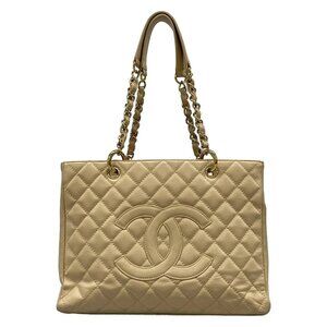 Auth CHANEL Caviar Medallion Chain Tote(GST) A50995 Beige Calfskin Tote Bag